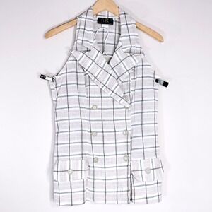 Sara Collection Y2K Plaid Tunic Vest; Sleeveless Double Breasted Crinkle Rayon